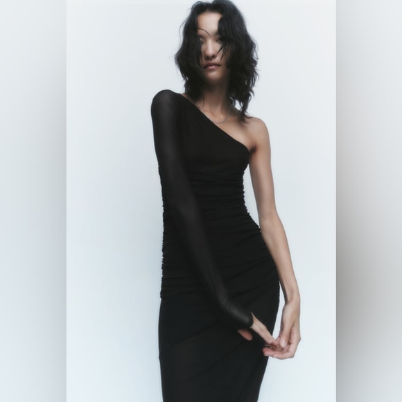 Zara Draped Assymetric Dress Black Size S small 0085 NWT One Shoulder - Picture 2 of 10